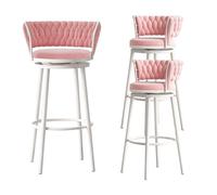 Swivel Bar Stools Set of 3, Velvet Upholstered Counter Height Bar Stool with Woven Back, White Metal Legs, 75cm Seat Height, Pink (3pcs Height 75cm)