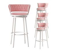 Swivel Bar Stools Set of 3, Velvet Upholstered Counter Height Bar Stool with Woven Back, White Metal Legs, 75cm Seat Height, Pink (4pcs Height 75cm)