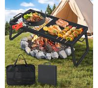 Swivel Campfire Grill for Fire Pit, Height Adjustable Heavy Duty BBQ Grate, Half Griddle Half Grill Plate Open Fire Cooking Stand with Carry Bag for Garden Camping