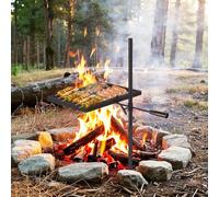 Swivel Campfire Grill for Fire Pit, Height Adjustable Heavy Duty BBQ Grate, Half Griddle Half Grill Plate Open Fire Cooking Stand with Carry Bag for Garden Camping