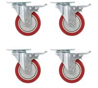 Swivel Casters 8pcs Red 100mm PP Wheels ZincCoated Plate 92x65mm 80kg w/2Brakes