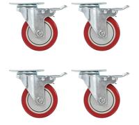 Swivel Casters Red 100mm PVC & Zinc-Coated Iron Set of 8 Double Brakes SoftTread