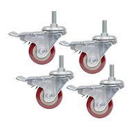 Swivel Castor Wheels Trolley 4 x PU Thread Stem M12 2.5inch 63mm Heavy duty 300kg Carbon steel bracket Swivel Universal Silent Wheels with brake (Red 2.5i