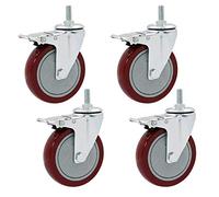 Swivel Castors Set of 4 Heavy Duty Swivel Wheels Furniture Replacement Red PVC Wheel 360 Degree Swivel Wheel for Workbench Trolley Cabinet Thread Shaft M12 x 30mm/Brake + Universal/100mm/4"