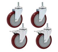 Swivel Castors Set of 4 Heavy Duty Swivel Wheels Furniture Replacement Red PVC Wheel 360 Degree Swivel Wheel for Workbench Trolley Cabinet Thread Shaft M12 x 30mm/Brake + Universal/100mm/4"