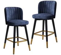 Swivel High Chair Velvet Backrest Bar Stools 2 Pcs, Home Kitchen Counter Reception Barstool with Black Legs and Gold Chrome Footrest(Size:65 cm,Color:Blue)