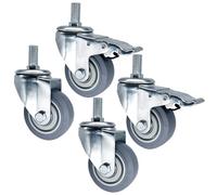 Swivel Stem Casters Wheels, Set of 4 Replacement Tires with Brakes, Silent Rubber Casters for Serving Cart and Trolley, Threaded Stem M14 M16 M20, 3" 4" 5"