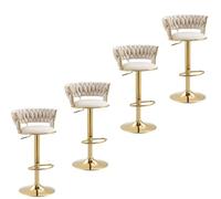 Swivel Woven Velvet Bar Stool, With Backrest and Gold Metal Leg Stool, 40 Cm Diameter Bar Chairs Adjustable Height, Suitable for Bars,Kitchen Islands,Cafes and Festivals,White,Set of 4
