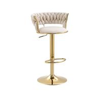 Swivel Woven Velvet Bar Stool, With Backrest and Gold Metal Leg Stool, 40 Cm Diameter Bar Chairs Adjustable Height, Suitable for Bars,Kitchen Islands,Cafes and Festivals,White,Set of 1