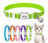Swizitelon Green Personalised Reflective Cat Collar With Bell | Laser Engraved Tag, Quick Release Buckle, 19-29cm Fit,1cm Width, Cat Daily Wea,Removable Bell,breakaway cat collar