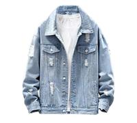 SWJGLITTR Men Button Distressed Denim Jacket Ripped Slim Trucker Jean Jackets Casual Cowboy Cut Biker Coats, Light Blue, 3XL