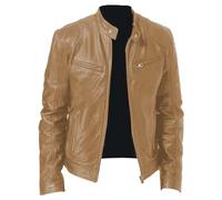 SWJGLITTR Men Slim Fit Motorcyle Leather Jacket Zip-Up Windbreaker Leather Jackets Lightweight PU Biker Vintage Coat, Khaki, Medium
