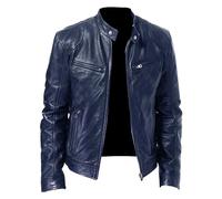 SWJGLITTR Men Slim Fit Motorcyle Leather Jacket Zip-Up Windbreaker Leather Jackets Lightweight PU Biker Vintage Coat, Navy Blue, XX-L