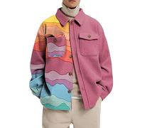 SWJGLITTR Men's Color Trucker Jacket Male Loose Fit Color Block Woolen Jackets Man Rainbow Casual Button Autumn Coat, Pink, M