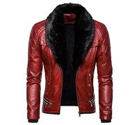 SWJGLITTR Men's Detachable Fur Collar Jacket Male Steampunk Faux Leather Jacket Men Gothic Sherpa Lined Faux Leather Jacket, Red, M