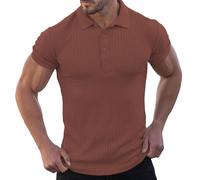 SWJGLITTR Men's Muscle Button Polo Shirts Cotton Golf Ribbed Knit Soft T-Shirts Solid Collared Knitted Short Sleeve, Coffee Color, Large