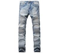 SWJGLITTR Men's Pleated Ripped Biker Jeans Skinny Slim Fashion Stretchy Jeans Men Distressed Washed Fold Jean Trousers, Blue 1, 30