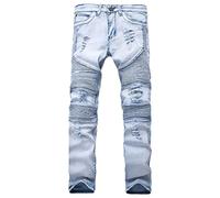 SWJGLITTR Men's Pleated Ripped Biker Jeans Skinny Slim Fashion Stretchy Jeans Men Distressed Washed Fold Jean Trousers, Baby Blue, 30