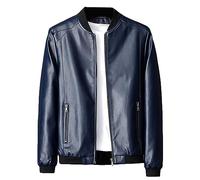 SWJGLITTR Men's Ribbed Collar Leather Jacket Male Casual Elastic Hem Faux Leather Jacket Men Autumn Biker Lightweight Outwear, Blue, 8XL