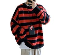 SWJGLITTR Men's Striped Knitted Pullover Casual Color Block Slim Fit Sweater Crewneck Black Long Sleeve Patchwork Sweaters, Red, XL