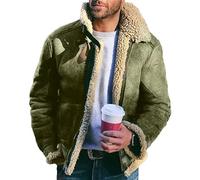 SWJGLITTR Men's Suede Winter Jacket Fur Collar Bomber Faux Leather Coat Sherpa Lined Warm Winter Outwear, Army Green, XL