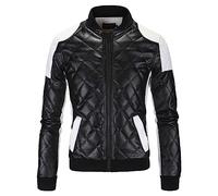 SWJGLITTR Men's Thick Leather Jacket Male Diamond Quilted Contrast Faux Leather Jacket Men Black White Slim Fit Leather Coat, Black, L