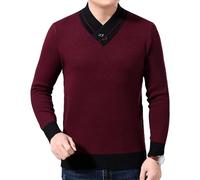 SWJGLITTR Men's V-Neck Knitted Pullover Casual Slim Fit Knitwear Patchwork Shawl Collar Sweaters, Wine Red, Medium