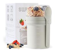 Swkien MüSlibecher to Go, Yoghurt Cup to Go 450 ml + 250 ml, Yoghurt to Go Cup with Spoon, Cereal Cup to Go for Cereal and Yogurt, Leak-Proof Cereal Cup to Go, Lunch Pot (Light Grey)