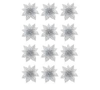 SWL Clip-On Silver Xmas Poinsettia Decorations - 12 Pack | 7.5 Cm Artificial Glitter Poinsettia Flowers with Clips for Christmas Tree, Wreaths, Garlands, Table Décor, Centrepieces & Holiday Crafts