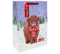 SWL Highland Cow Xmas Gift Bags - 12 Pack Large (33 × 26.5 × 0.3 cm) | White Kraft Paper Bags with Rustic Highland Cow Design & Handles | Ideal for Presents, Toys, Clothing & Holiday Hampers
