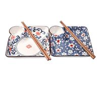 Swlthwen Japanese Style Sushi Dumpling Plate and Chopstick Set of 2 Ceramic 7.1 Inch Gyoza Plates Snack Plate with Vinegar Dish (color B)