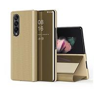 SWMGO® Mirror Plating Clear View Stand Function Flip Case Compatible for Samsung Galaxy Z Fold3 5G (Gold)