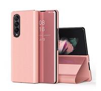 SWMGO® Mirror Plating Clear View Stand Function Flip Case Compatible for Samsung Galaxy Z Fold3 5G (Rose Gold)