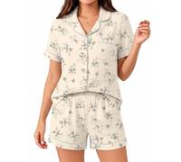 SWOMOG 100% Cotton Pyjamas Set for Women 2PCS Short Sleeve Button Down Pjs Floral Print Summer Sleepwear Tops and Pants Blue Floral Branch Medium