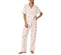 SWOMOG 100% Cotton Women Pyjama Set Short Sleeve Pj Sets 2PCS Cute Print Sleepwear Button Down Shirt with Long Pants Pink Rose Large