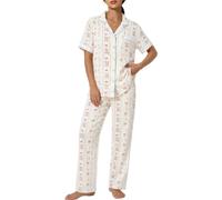 SWOMOG 100% Cotton Women Pyjama Set Short Sleeve Pj Sets 2PCS Cute Print Sleepwear Button Down Shirt with Long Pants Bear Cherry Stripe Medium