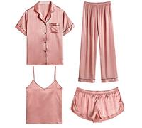 SWOMOG 4pcs Pyjama Set for Women Silk Satin Pyjamas Satin Pjs Soft and Comfy Loungewear Set Misty Rose Small