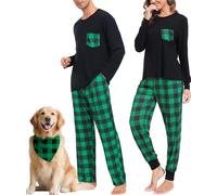 SWOMOG Christmas Couples Pyjamas Family Pajamas Matching Set Holiday Christmas Lounge Sets Women Black & Green Plaid XL