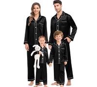 SWOMOG Family Matching Pajamas Sets Silk Pjs Set with 2 Pockets Long Sleeve Button Down Sleepwear Loungewear Black-110