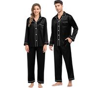 SWOMOG Family Matching Pajamas Sets Silk Pjs Set with 2 Pockets Long Sleeve Button Down Sleepwear Loungewear Black-140