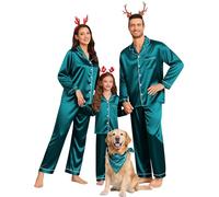 SWOMOG Family Matching Pyjamas Set Satin Button Down Sleepwear Long Sleeve Nightwear 2 Pcs Pj Set Men Green Large