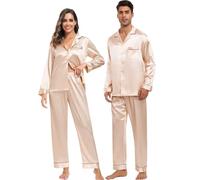 SWOMOG Family Matching Pyjamas Silk Satin Long Sleeve Sleepwear Button Down Loungewear 2 Pcs Pj Set Women Champagne XX-Large