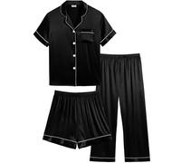 SWOMOG Girl Pyjama Kids Silk Pyjamas 3pcs Boys Satin Nightwear Classic Button-Down PJs Soft Short Sleeve Sleepwear with Pants Black