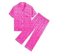 SWOMOG Girls Boys Silk Satin Pyjamas Set Button-Down PJs Two-Piece Lounge Sets Short Sleeve Sleepwear with Long Pants Hot Pink Leopard 150