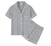 SWOMOG Girls Pyjamas Soft PJs for Kids Boys Short Sleeve Button Down Sleepwear 2 Piece Modal Pyjama Sets for Teenage Children Gray