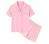 SWOMOG Girls Pyjamas Soft PJs for Kids Boys Short Sleeve Button Down Sleepwear 2 Piece Modal Pyjama Sets for Teenage Children Pink