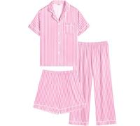 SWOMOG Girl's Silk Pyjamas Kids Boys Satin Pyjamas Set 3 Piece Button-Down PJS Sets Lounge Sets Short Sleeve Summer Nightwear