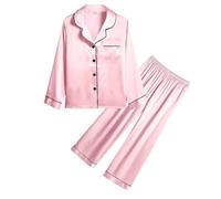 SWOMOG Girls Silk Pyjamas Kids Long Sleeve Satin PJs Sets Button-Down Silky Nightwear Children Sleepwear Pink
