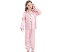 SWOMOG Girls Silk Pyjamas Long Sleeve Satin Kids Button-Down PJs Sets Cute Print Pink 14-15 Years