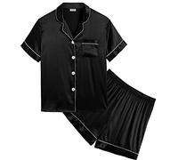 SWOMOG Girls Silk Pyjamas Short Sleeve Sleepwear Kids 2Pcs Satin Button-Down PJ Sets Nightwear Black 12-13 Years
